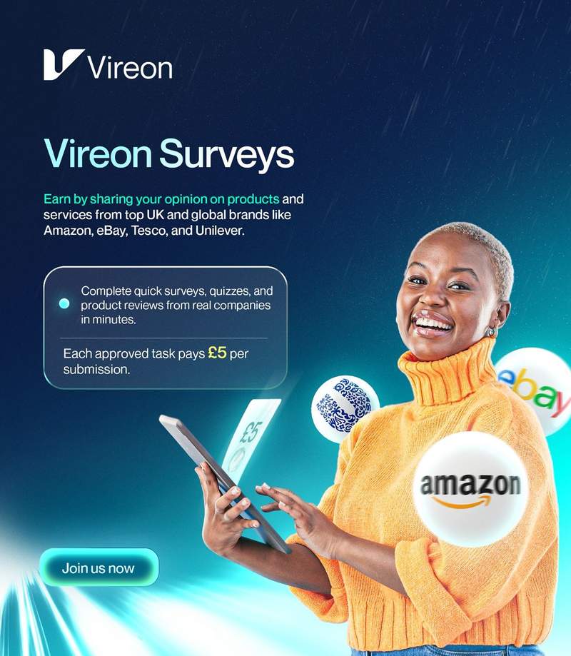 Woman completing a Vireon Survey on a tablet and earning £5 per submission from brands like Amazon and eBay